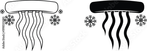 Air conditioning unit cooling system icon with snowflakes and cold breeze wind lines for climate control symbols.