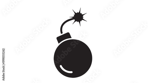 Bomb icon with simple black silhouette, spark top, and fuse curved line on clean white background featuring explosive symbol, detonator, blast danger