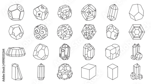 Gemstone geometric shapes icon set with line art polygon faceted crystal outlines and premium minimalist style for design