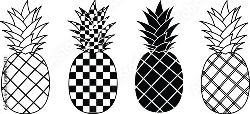 Black and white pineapple fruit silhouette collection with checkered and linear patterns for tropical decoration.