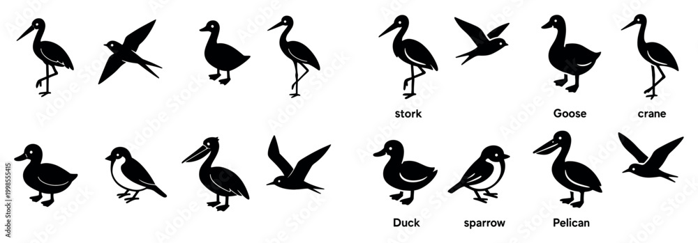 Fototapeta premium Bird icons with stork duck crane silhouette