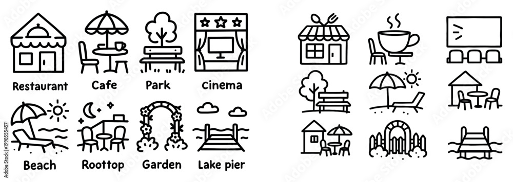 Fototapeta premium Travel icons with restaurant cafe park outline