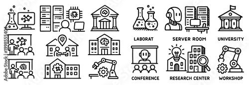 Technology icons with flask server headset outline