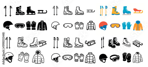 Winter sports equipment icons set