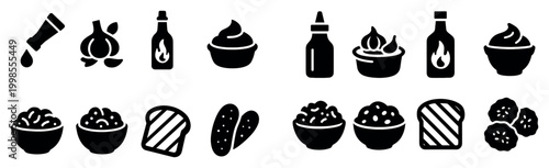Food icons with bowl bread bottle flat