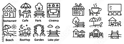 Travel icons with restaurant cafe park outline