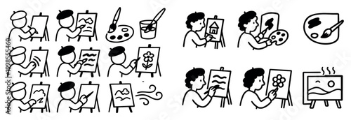 Art class icons with artist easel palette playful