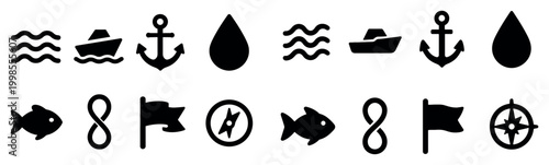 Marine icons with boat anchor fish outline