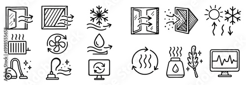 Climate icons with window fan radiator outline