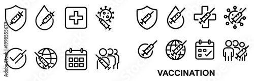 Vaccination icons with syringe shield cross outline