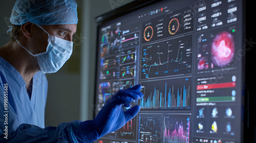 Surgeon consulting real-time data visualization during operation. 