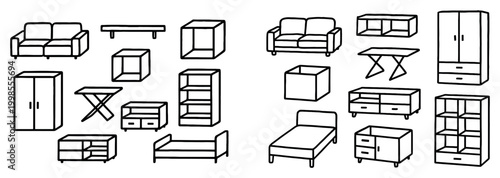 Furniture icons with sofa bed table simple outline