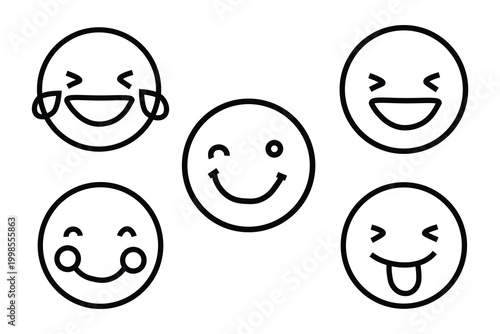 Minimalist emoji line icons set, collection of 5 happy face vector illustrations, simple black outline smiley emoticons for social media and web design