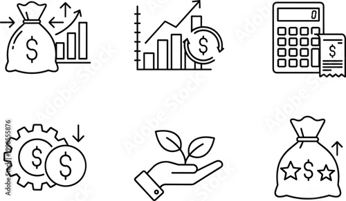Business finance growth icons money bag investment savings chart calculator receipt dollar plant seeds coin.
