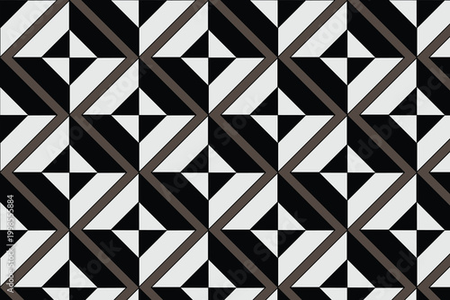 Geometric seamless pattern with monochrome triangles, abstract black and white tile background, modern optical illusion vector texture for textile design