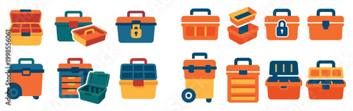 Toolbox icons with case latch handle colorful flat