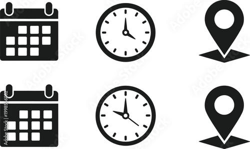 Calendar, clock and map pointer icon. time, date, location vector on transparent background.