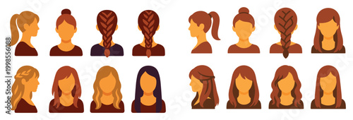 Hairstyle icons with braid ponytail waves flat