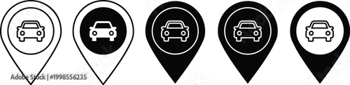 Car location pin icons set for navigation and finding vehicle position on map.