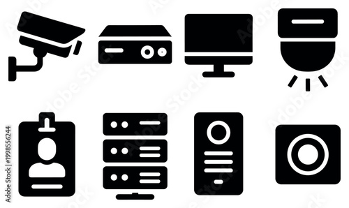 Security icons with camera monitor server solid