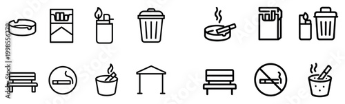 Smoking icons with cigarette lighter ashtray flat outline