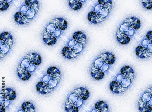 Openwork rounded patterns are arranged in parallel rows at an angle on a textured background. Abstract fractal background. 3D rendering. 3D illustration.