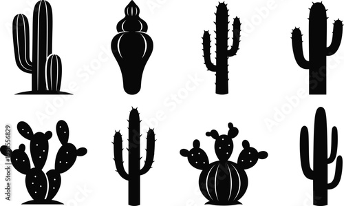 Collection of black cactus silhouette icons displaying various desert plant species for nature related design art.