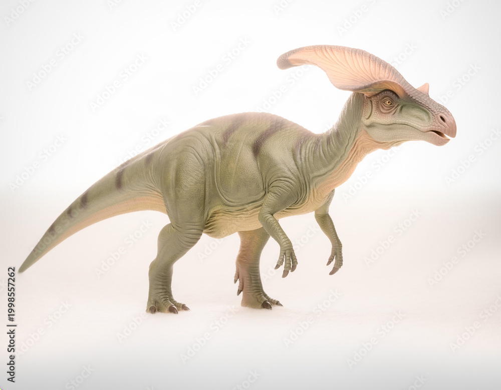 Fototapeta premium Studio shot of a realistic Parasaurolophus dinosaur model, emphasizing its distinctive tubular crest and green scales on a crisp white background, representing ancient prehistoric life