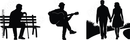 People silhouettes featuring elderly rest guitarist performance and couple walking together