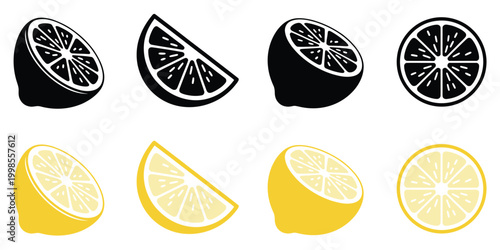 flat lay sliced lemon and tire cross sections isolated on white background