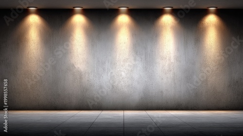 Five overhead ceiling lights illuminate a rough concrete wall and tiled floor