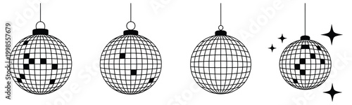 Set of four geometric disco balls with reflective facets and hanging chains on white background