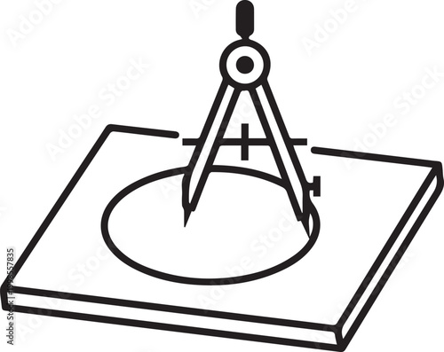 Professional Vector Icon Depicting a Drawing Board with Compass Drawing a Perfect Circle for Precision Design, Engineering Layouts, Technical Drafting, Architectural Planning, CAD Software
