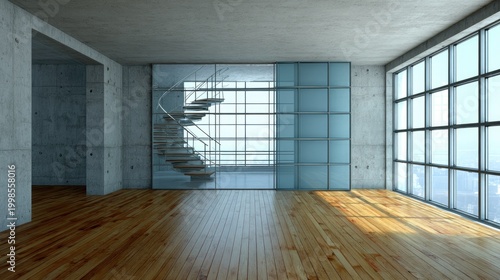 Contemporary industrial interior space features polished wood floors and a prominent spiral staircase behind glass