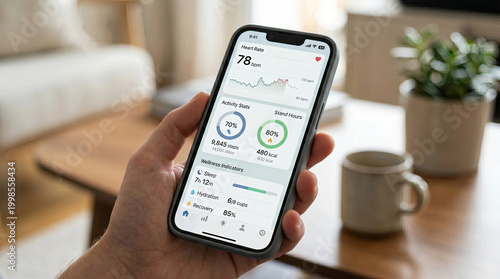 Hand holding smartphone with health tracking app displaying heart rate and wellness stats indoors