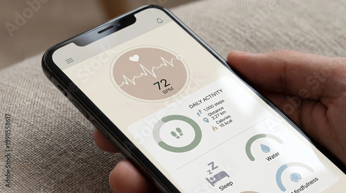 Hand holding smartphone showing fitness tracker dashboard with heart rate, steps and wellness stats