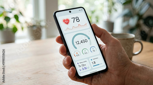 Hand holding smartphone with health app dashboard showing heart rate, hydration and sleep