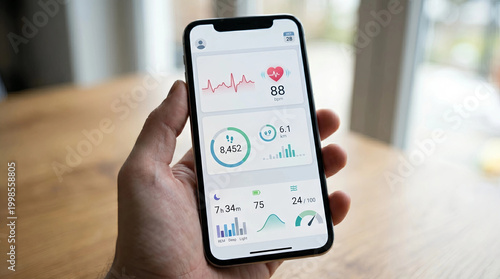 Hand holding smartphone displaying heart rate and fitness health dashboard with statistics outdoors