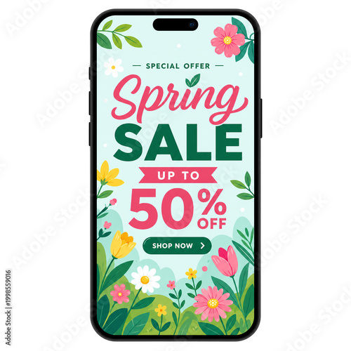 Mobile Phone Screen Displaying A Spring Sale Promotion With Colorful Floral Patterns And Bold Typography To Announce Significant Discount Prices For Shoppers Looking For Seasonal Shopping