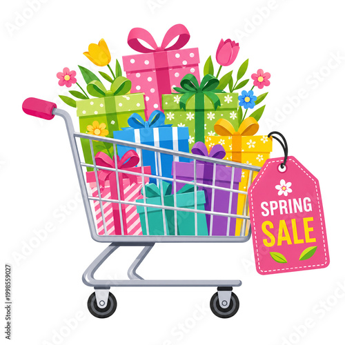 Shopping cart filled with colorful gift boxes and spring flowers featuring a seasonal sale tag promoting retail discounts for customers during the blooming holiday celebration events across the