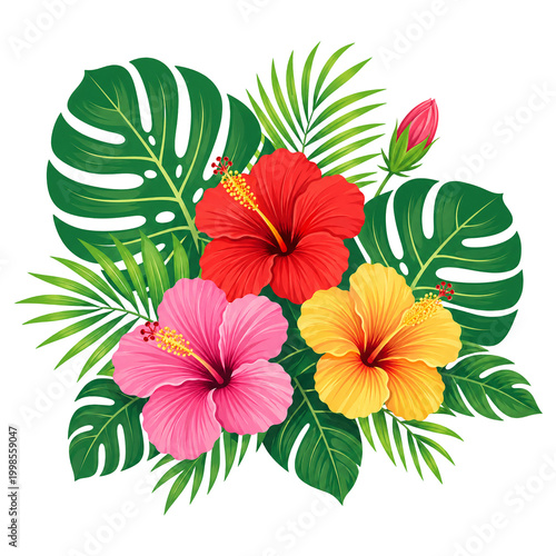 Colorful tropical hibiscus flowers combined with lush green palm leaves and vibrant monstera foliage arrangements for summer seasonal designs creating a refreshing botanical atmosphere for your