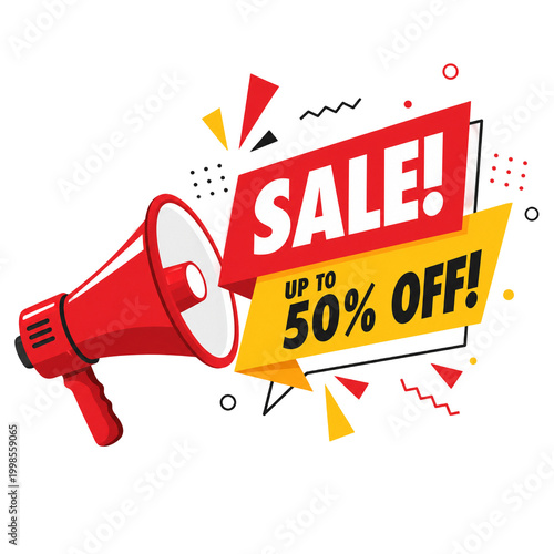 Red Megaphone Used To Announce A Special Promotional Sale Event Offering Discounts Of Up To Fifty Percent Off For Customers Seeking Great Value Shopping Deals During The Upcoming Seasonal Retail
