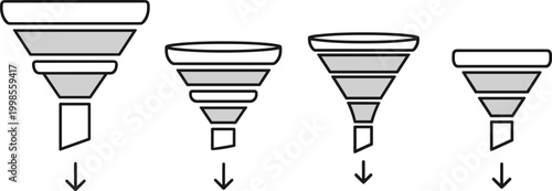 Four different funnel vector icons demonstrating stages of process or data flow, line art style.