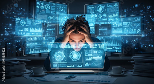 Intense Focus on Data Analysis, Individual at Computer, Office Space, Digital Artwork, Technology Environment, Close-Up View, Stressful Reflection