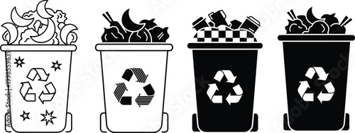 Garbage trash can with recycle sign vector. full waste bin outline solid line icon set isolated.