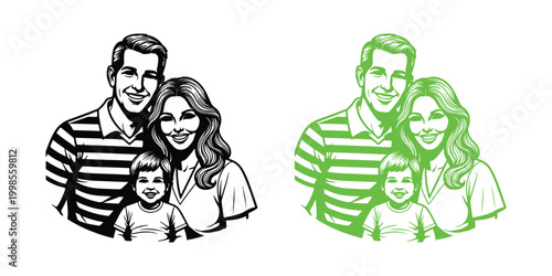 Sketch of a family portrait with a green overlay and duplication