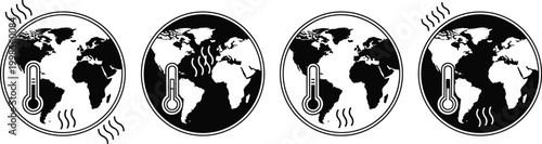 Global warming icons showing earth maps with thermometers and heat steam for climate change and ecology concepts.