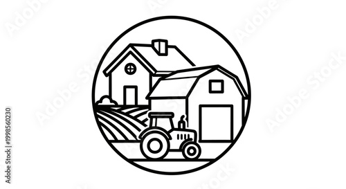 Farmhouse and Barn Icon with Tractor and Fields