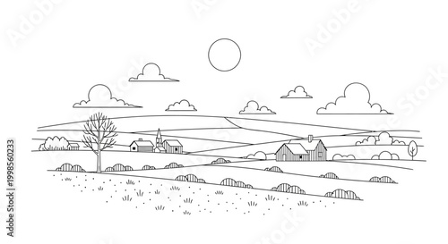 Minimalist Farm Landscape Drawing with Sun and Clouds, Outline Style