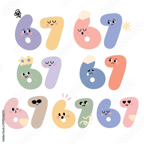 Playful set of kawaii number characters featuring digits six and seven with various emotions in a soft pastel flat style. Ideal for kids design, educational materials, stickers, and creative branding.